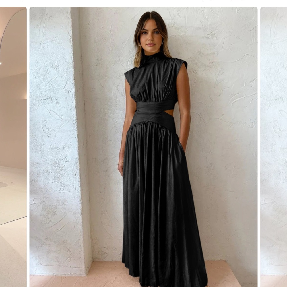 Commense Black Ruched Maxi Dress Mock Neck